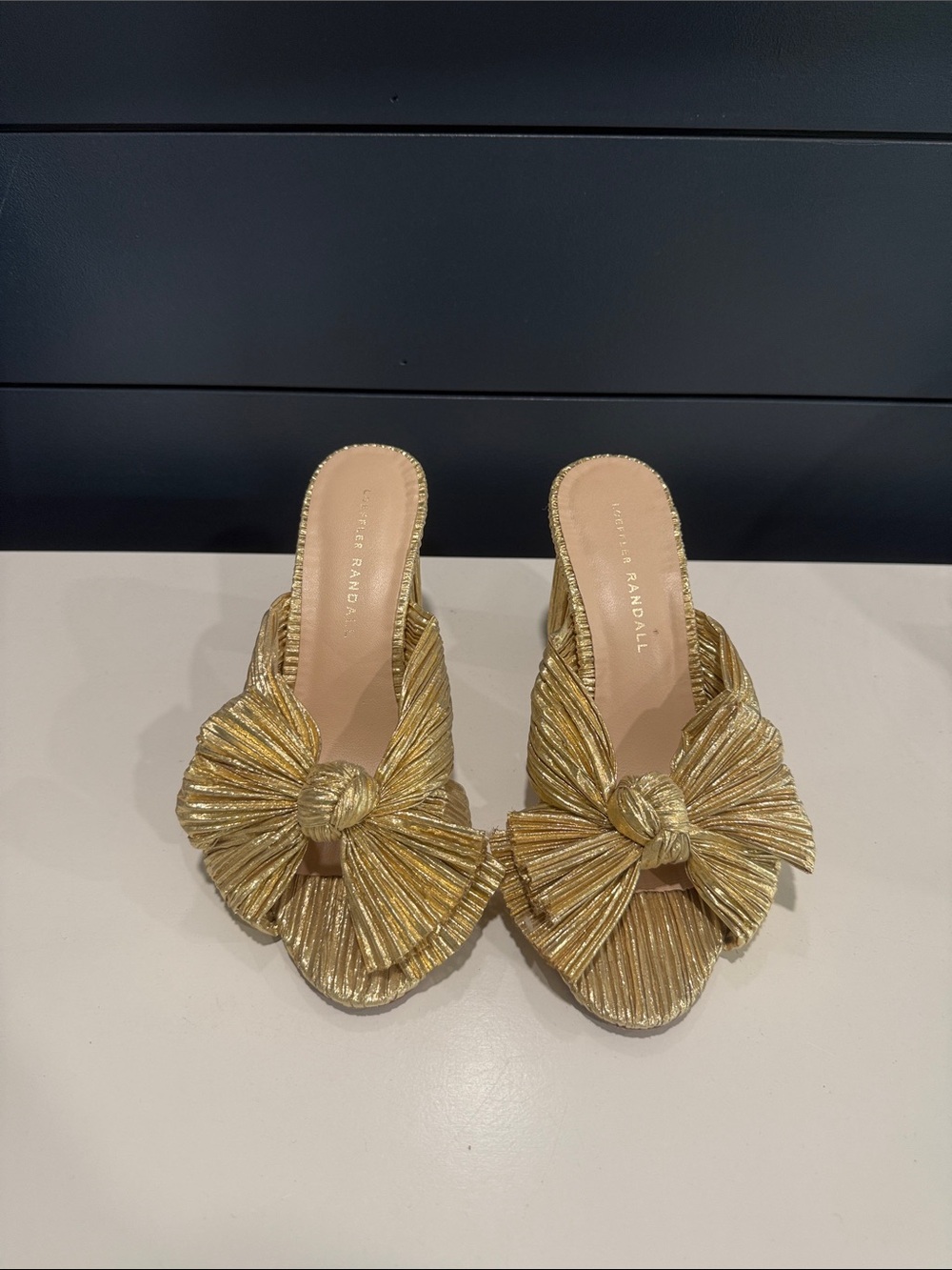 Loeffler Randall Metallic Gold Knotted Slide Mules